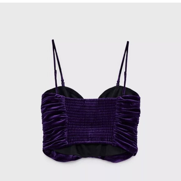 Zara Purple Velvet Ruched Crop Top with Spaghetti Straps - Size Small NWT - Picture 8 of 9